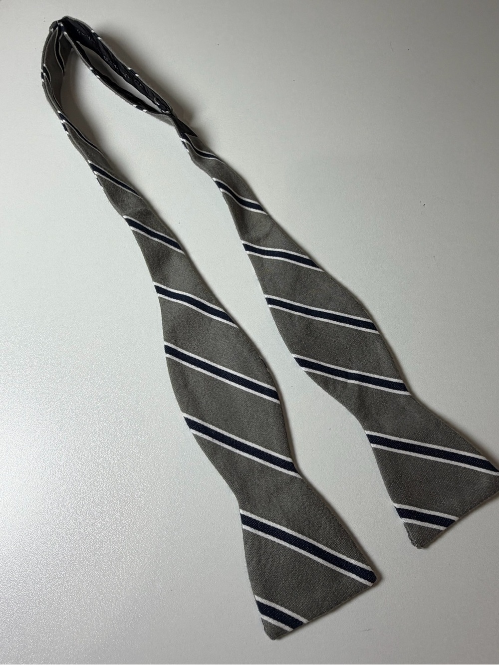J. Crew Grey Striped Adjustible Silk Bow Tie with Navy and White Stripes Classic